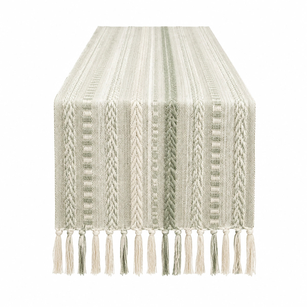Chemin de table 180 x 40 cm en textile tissé beige et vert avec franges décoratives