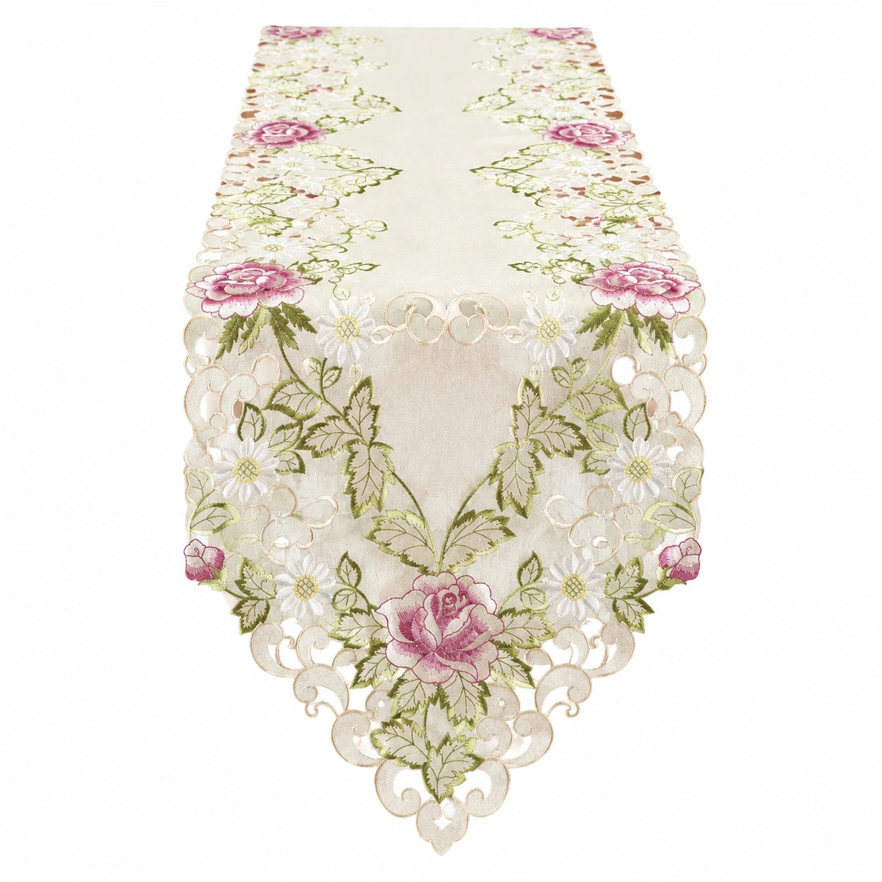 Chemin de table 180 x 40 cm en polyester beige à broderie florale dentelle décorative
