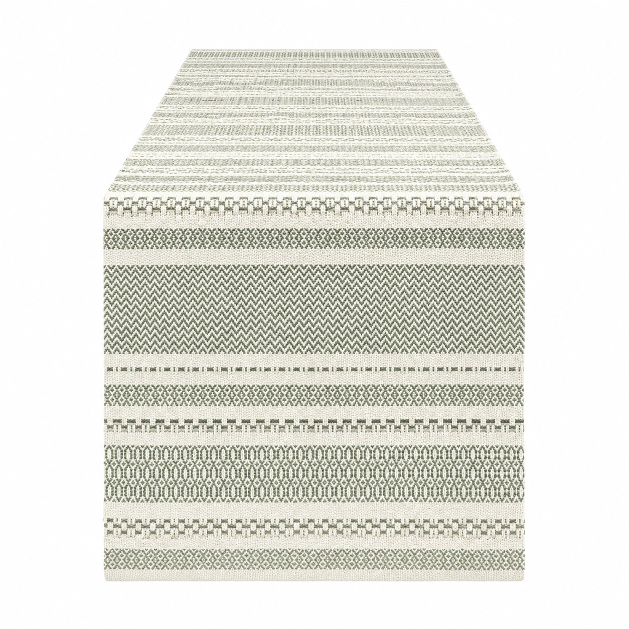 Chemin de table 40 x 180 cm en tissu tissé blanc et vert à motifs géométriques