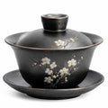 Gaiwan en céramique noire 180 ml avec soucoupe et couvercle décor floral