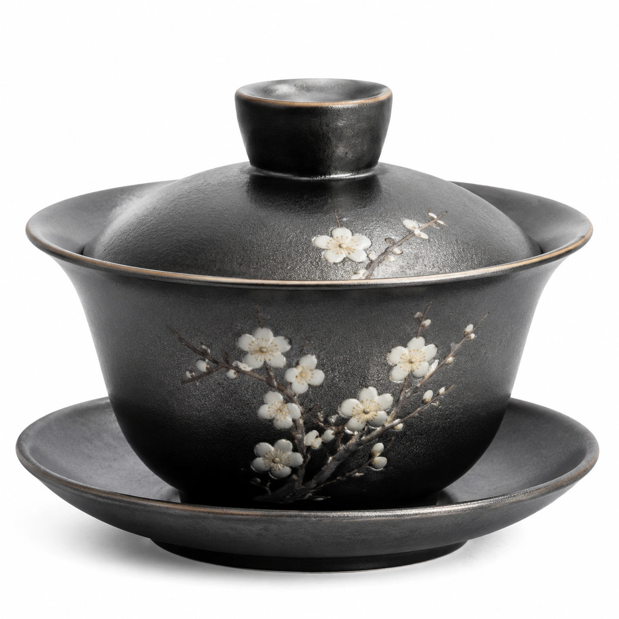 Gaiwan en céramique noire 180 ml avec soucoupe et couvercle décor floral