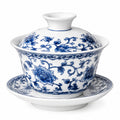 Bol à thé couvert 150 ml en porcelaine blanche et bleue à décor floral avec soucoupe