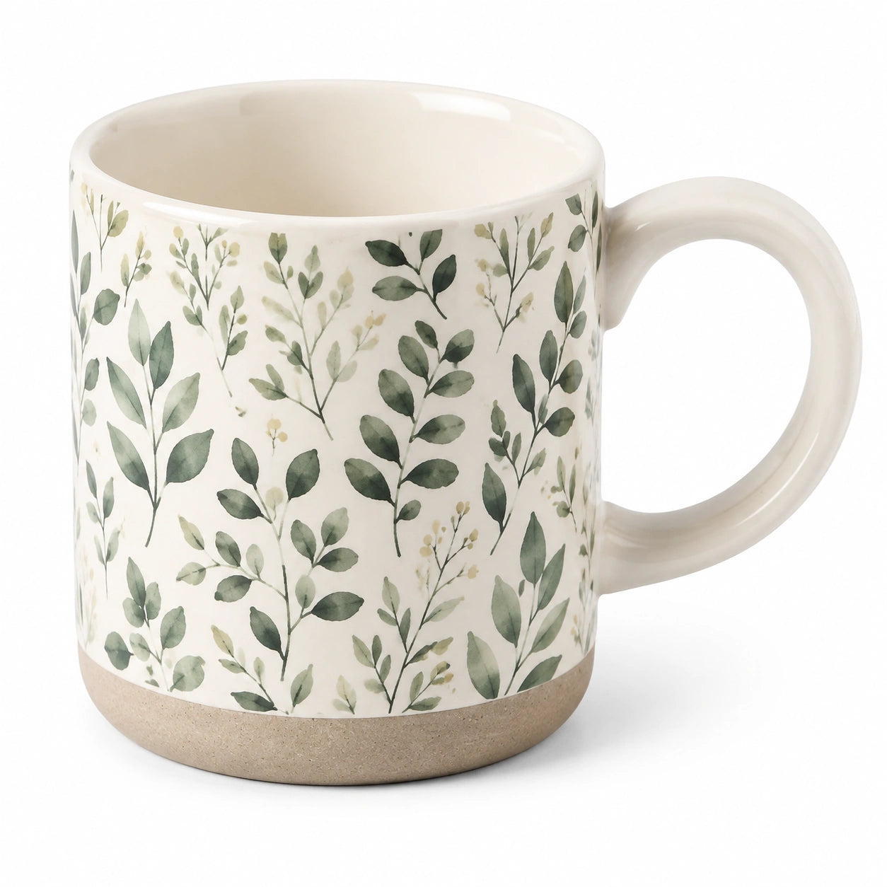 Mug 350 ml en céramique blanc vert à motif végétal avec anse