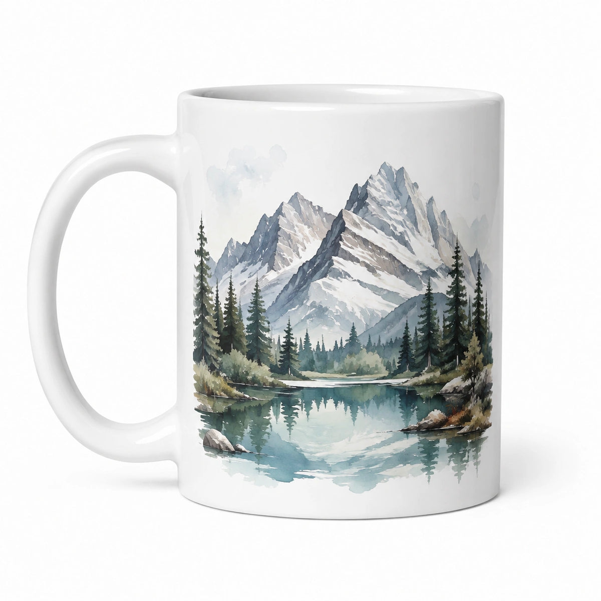 Mug 330 ml en céramique blanc décor montagnes style aquarelle