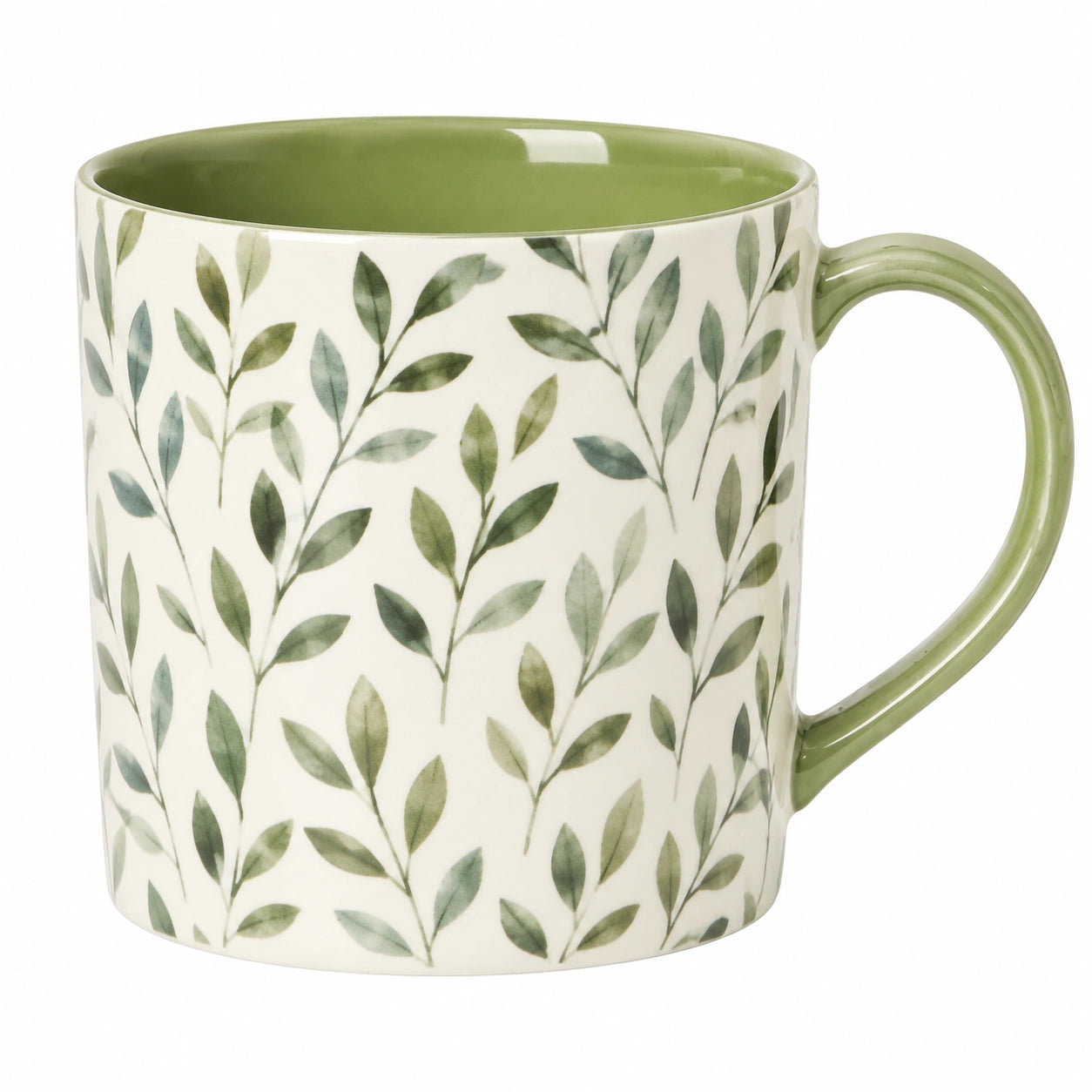 Mug 350 ml en céramique blanc et vert à motif végétal avec anse