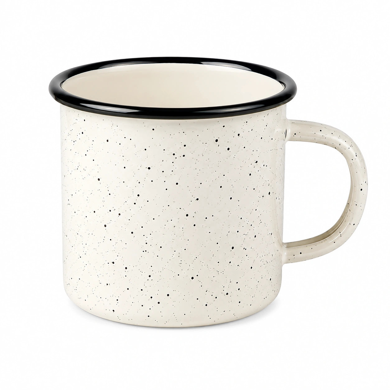 Mug 350 ml en acier émaillé crème moucheté noir - style camping