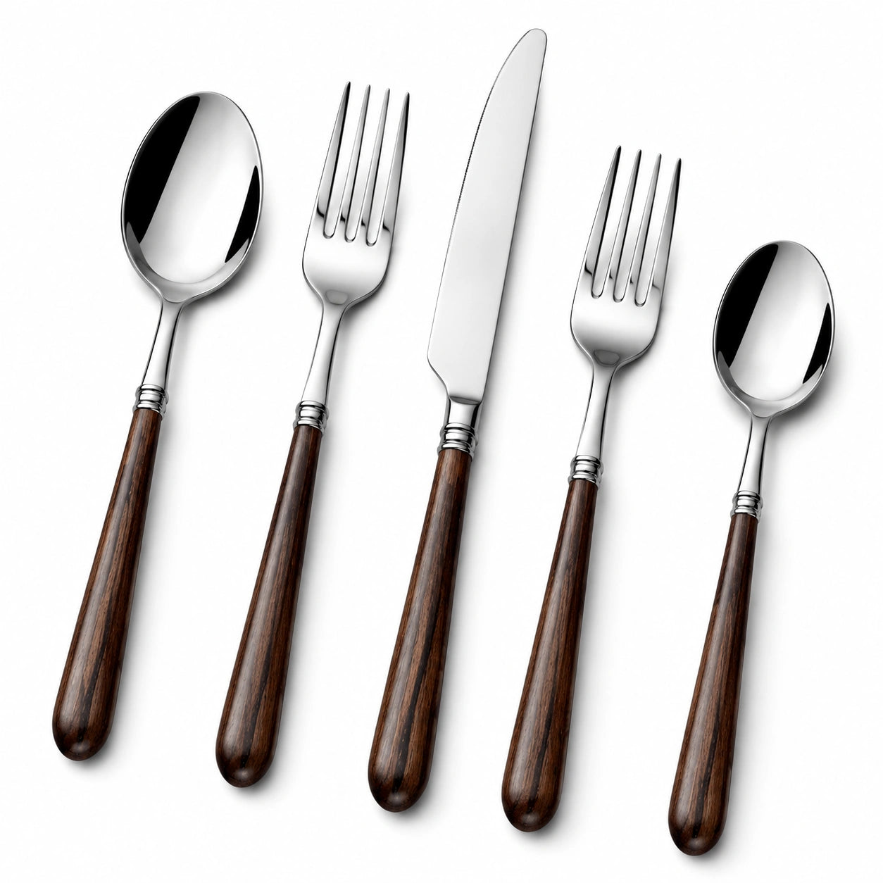 Ménagère 5 pièces 22 cm en acier inoxydable et bois marron finition polie