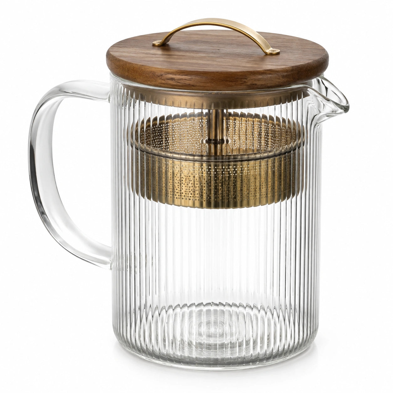 Théière 1.00 L en verre transparent avec filtre métallique doré et couvercle en bois