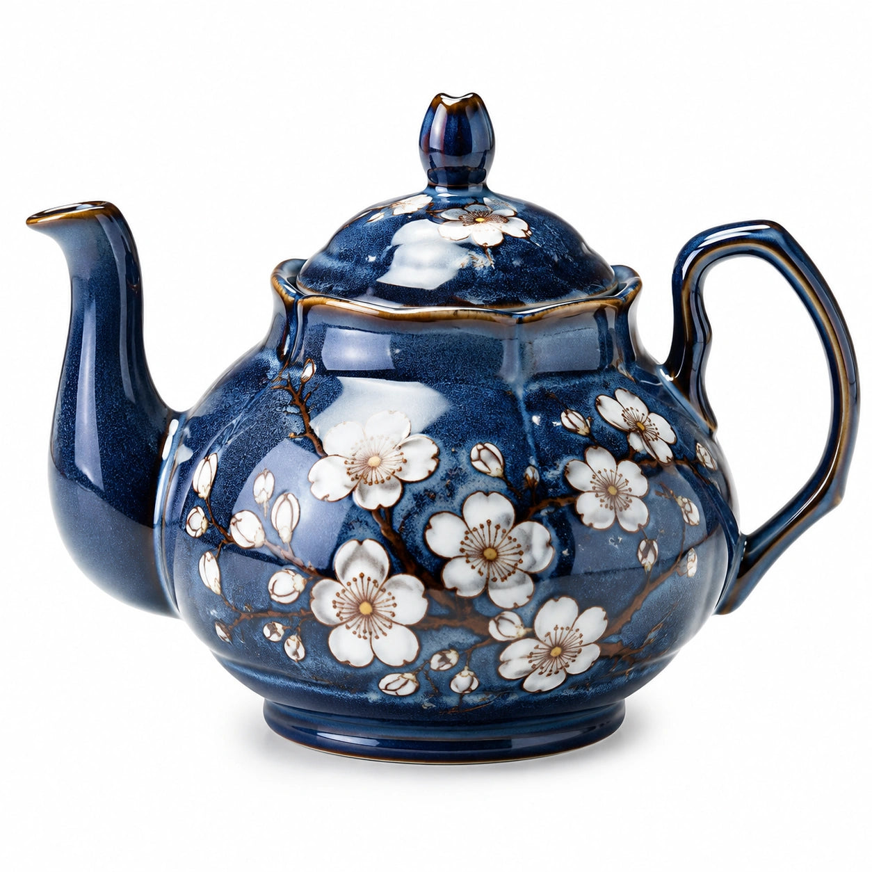 Théière 1.00 L en céramique bleu marine à décor floral avec couvercle